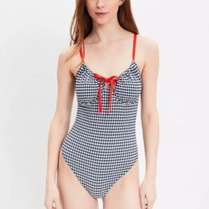 Gingham One-Piece Swimsuit with Red Accents